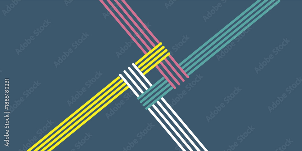 Ταπετσαρία Abstract geometric pattern featuring four sets of parallel lines in yellow, pink, teal, and white, intricately woven and intersecting on a dark blue background