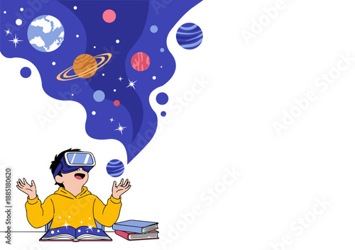 Kid Wearing VR Headset Pointing at Space for Virtual Reality Education, Future Learning Concept, Metaverse and STEM Education, Digital Classroom and Science Learning Illustration