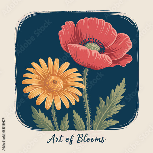 A vibrant botanical graphic showcasing a red poppy and yellow daisy set against a dark backdrop, perfect for decorative applications or elegant floral designs that require scalable artwork.