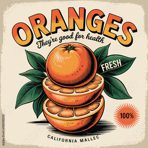 A fresh citrus graphic featuring stylized oranges and leaves, perfect for juice branding or food-related designs with a vintage aesthetic, ideal for posters and labels.