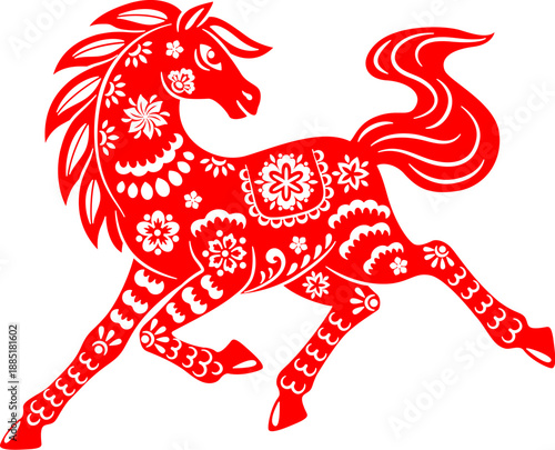 Papercut red horse, Chinese lunar new year running stallion. Asian zodiac and horoscope animal for 2026 with floral ornaments, flowing mane and tail. Vector traditional Cny holiday celebration symbol