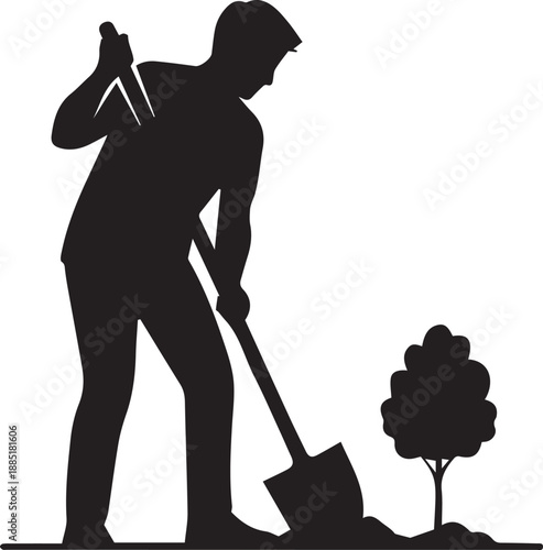 Man digging hole illustration vector silhouette planting small tree