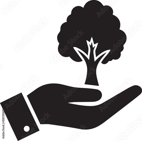 Hand holding small tree vector silhouette illustration environmental protection care concept