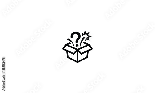 Mystery Box Icon: Black and White Surprise Gift Box with Question Mark and Sparkle