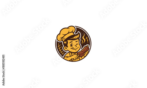 Retro Grill Master Mascot Logo: Cute Chef Holding Grilled Ribs for BBQ and Restaurant Branding