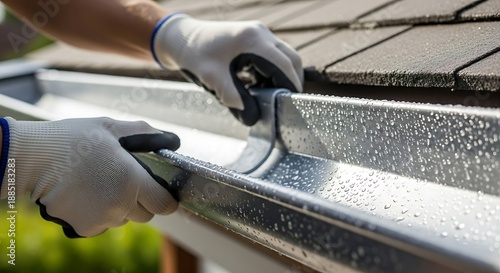 Close-up of a person in gloves installing or repairing a new metal rain gutter on a house roof.