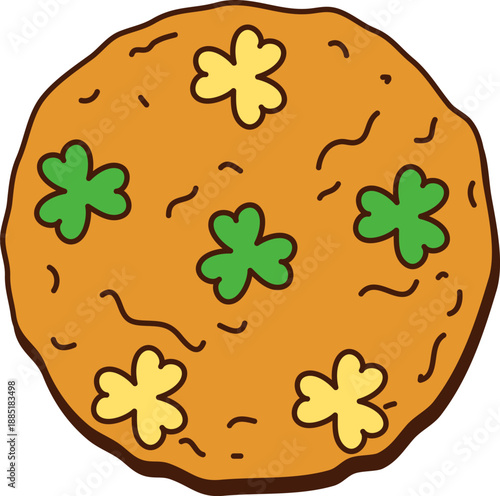Saint Patricks day cartoon groovy oatmeal cookie. Irish festive retro sweet confectionery, St Patrick party hippie groovy vector pastry. Ireland holiday isolated cookie dessert with shamrock clovers