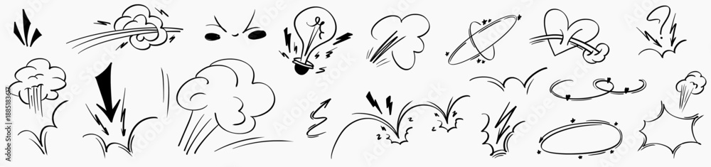 Fotografie Energetic comic expression line element pack showing fast movement, doodle arrows and graphic charm