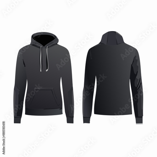 Front and back view of a blank black pullover hoodie for mockup.