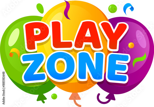Kids amusement park game zone childish icon or tag. Children game zone isolated label, kids amusement park cartoon vector tag. Playground area banner with colorful balloons and confetti, typography