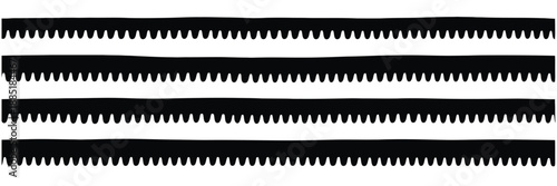 Black scalloped border divider and ornament edge isolated on white background, scalloped edge borders and dividers for labels, frames, invitations, scrapbooking, and decorative design projects.