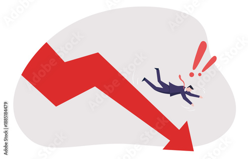 A businessman slips and falls down a steep, downward-pointing red arrow, symbolizing sudden setbacks, financial decline, or crisis in a corporate context.