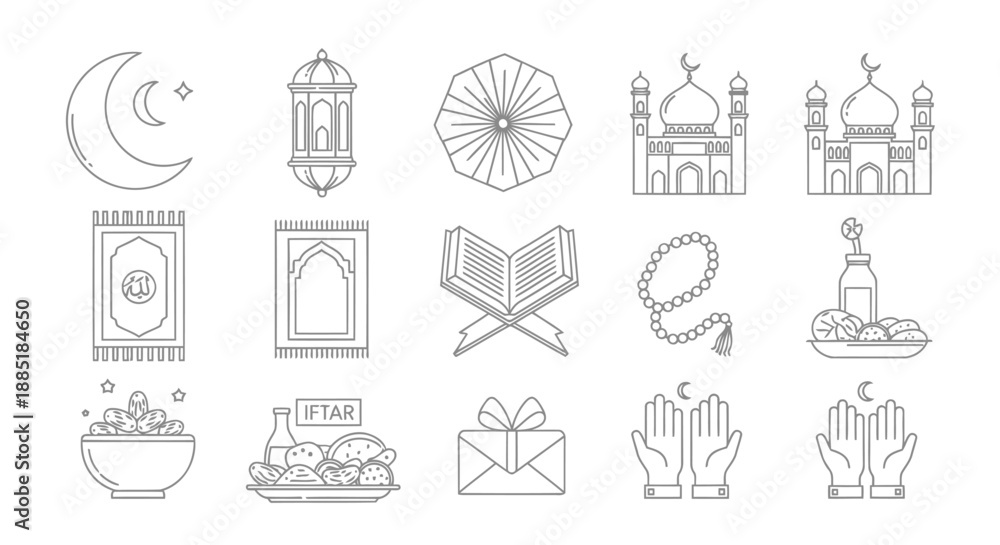 Fototapeta premium Islamic symbols and icons collection line art style.