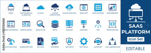 SaaS platform and cloud computing icon set featuring software as a service, web app, cloud storage, API integration, dashboard analytics, and subscription billing symbols.