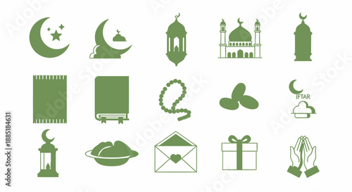 Collection of Islamic icons and symbols in green color.
