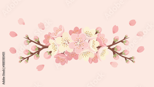 Delicate Cherry Blossom Branch with Falling Petals on Soft Pink Background