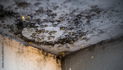 Sunlight highlights damaged leaking ceiling, water drips through cracks, mold stains visible, structural decay, urgent need for repair, damp home atmosphere, maintenance issue.