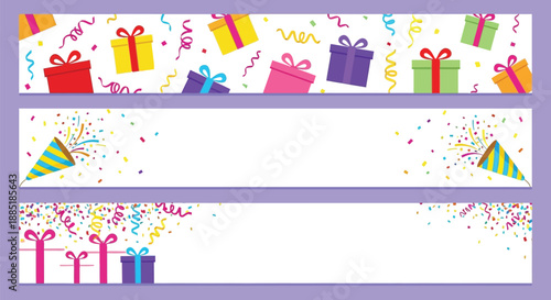 A colorful illustration of birthday banners with gifts and confetti