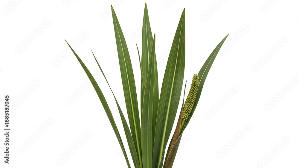 Fototapeta premium Vibrant Green Plant with Long Leaves and Unique Flower Spike on White Background