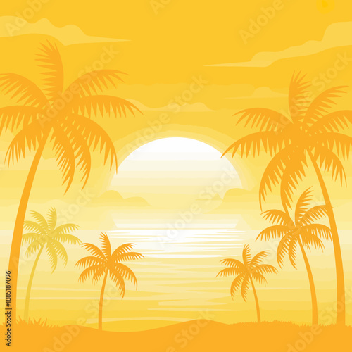 A serene tropical beach at sunset.