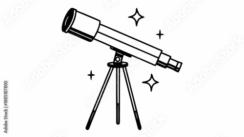 A simple black line drawing of a telescope on a tripod viewing stars from a terrestrial viewpoint