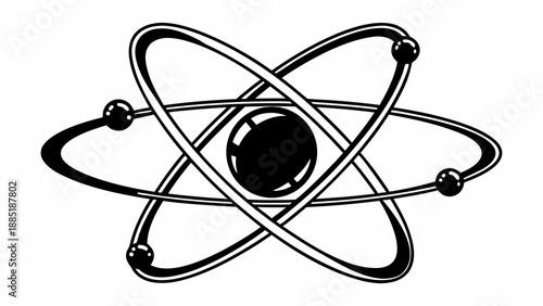 An atom model with electrons orbiting a nucleus, depicted in a simple black and white illustration, viewed from a slight angle.
