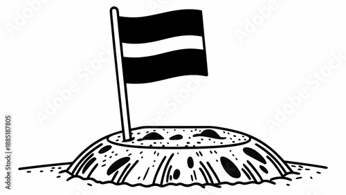 A black flag waving on a pole planted on a rocky mound illustration