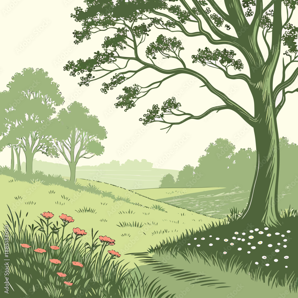 Fototapeta premium Forest Edge with Open Meadow Clean Vector Art