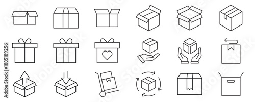 Boxes Icons set. Containing open and closed box, delivery box, storage, good packing, wrapped, surprise, and more. Outline Icon Collection. Vector illustration. Editable stroke