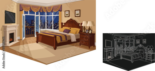 A bedroom interior design with color and black and white sketches