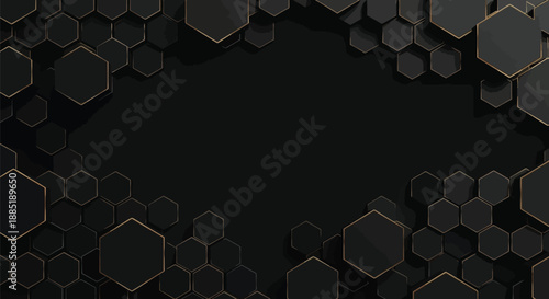 A dark background with a honeycomb pattern and gold accents