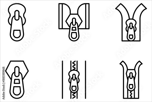 Zipper icon set. open zip lock tailor collection. Textile and fabric zippers fastener, sewing tools for clothes and bags on white background