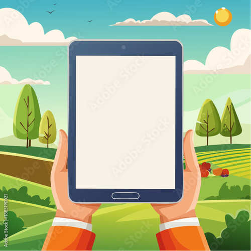 Hand holding a tablet device with a blank screen for mockup.