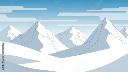 Snowy mountain landscape illustration minimalist vector art with clean lines and cool blue tones perfect for travel and nature themes
