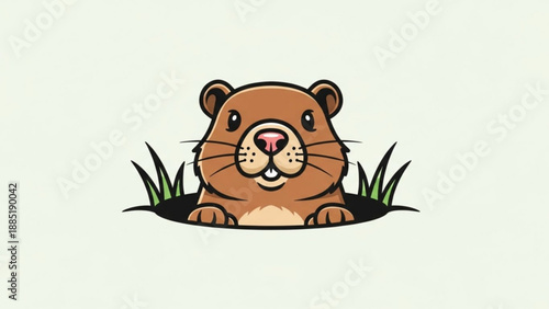 Cute groundhog peeking out of hole cartoon illustration for Groundhog Day celebration and spring forecast concept isolated on light background