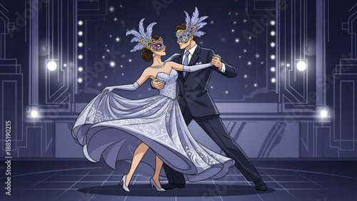 Elegant couple in masquerade masks dancing at a formal ball vintage art deco style illustration for event promotion