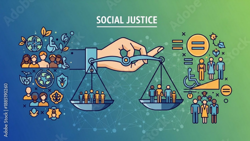 Social justice concept illustration hand balancing scales of equality and diversity representing fairness and human rights vector art
