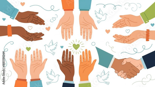 Diverse hands reaching out in unity and support symbolizing community and partnership with doves and hearts for a message of peace and love