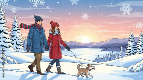 Couple walking a dog in a snowy winter landscape at sunset flat illustration for seasonal greetings and lifestyle concepts