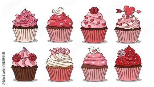 Collection of Valentines Day cupcakes decorated with hearts and romantic symbols perfect for celebration and sweet treats design