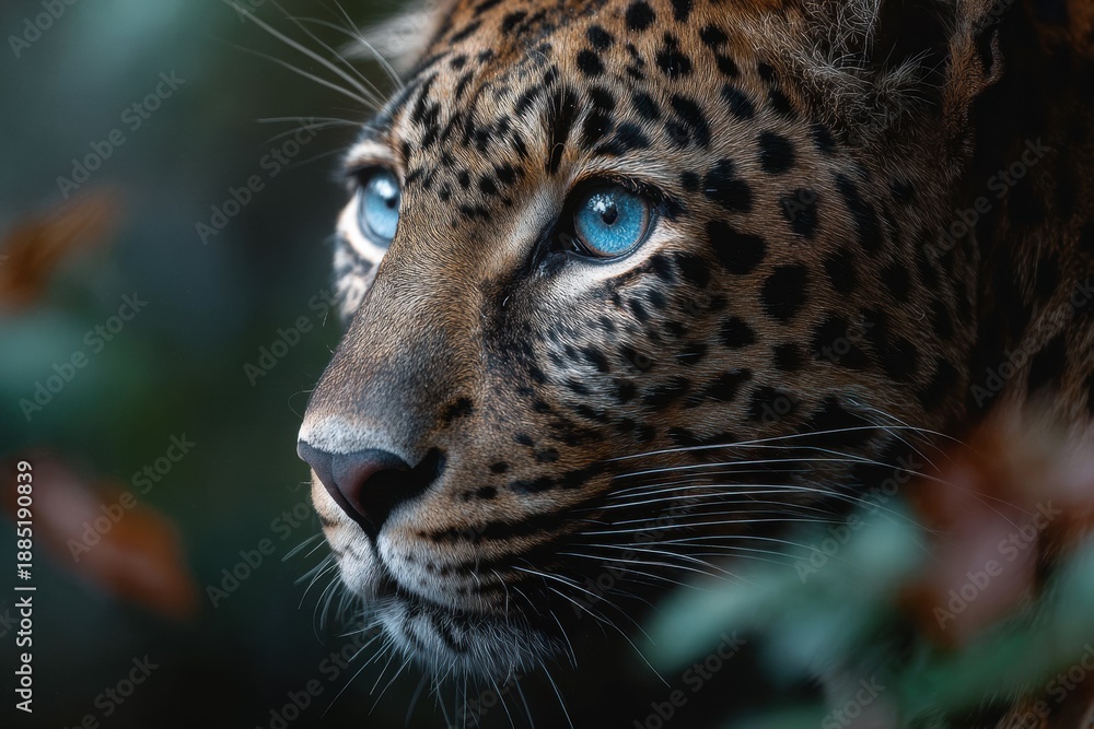 Fototapeta premium Majestic leopard with striking blue eyes gazes thoughtfully in its natural habitat during twilight hours