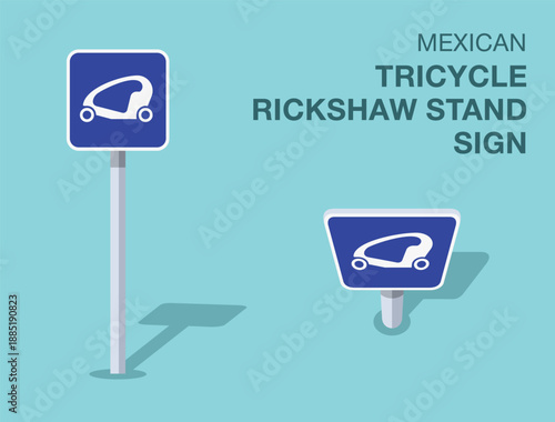 Traffic regulation rules. Isolated mexican "tricycle rickshaw stand" road sign. Front and top view. Flat vector illustration template.