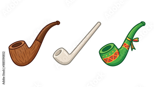 Three distinct smoking pipes, including a classic wooden, a white, and a decorative green pipe, displayed side-by-side.