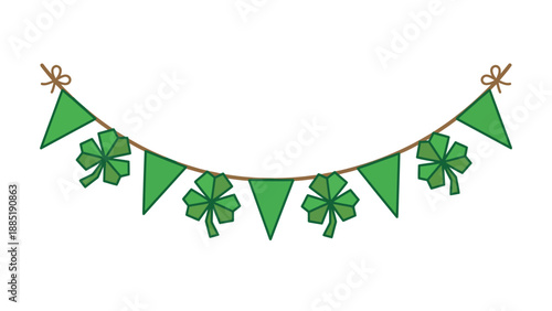 Green St. Patrick's Day bunting with shamrocks and triangular flags on a string.