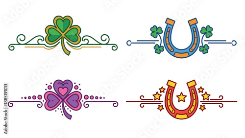 Four colorful decorative dividers featuring lucky shamrocks and horseshoes, perfect for St. Patrick's Day celebrations and Irish-themed designs.