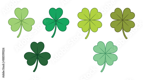 Collection of green shamrocks and four-leaf clovers in various shades on a white background, symbolizing luck and Irish heritage.