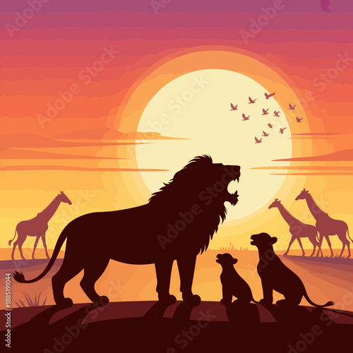 Serengeti savannah wildlife at sunset.