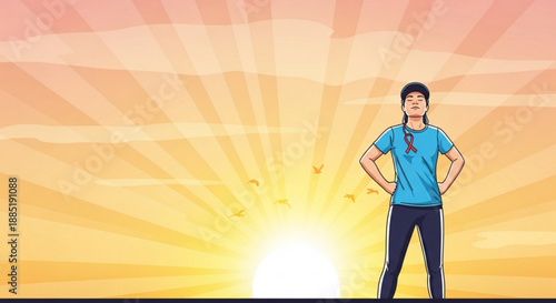 Young woman standing confidently at sunrise symbolizing hope and new beginnings perfect for motivational or fitness concepts