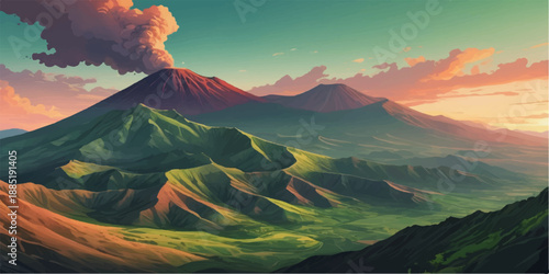 volcano scenery with glowing sky, layered mountains, and peaceful natural atmosphere