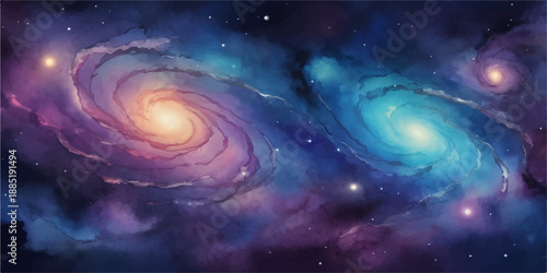 Colorful spiral galaxies floating in deep space with glowing stars and cosmic dust, illustrated in a dreamy astronomical fantasy style.